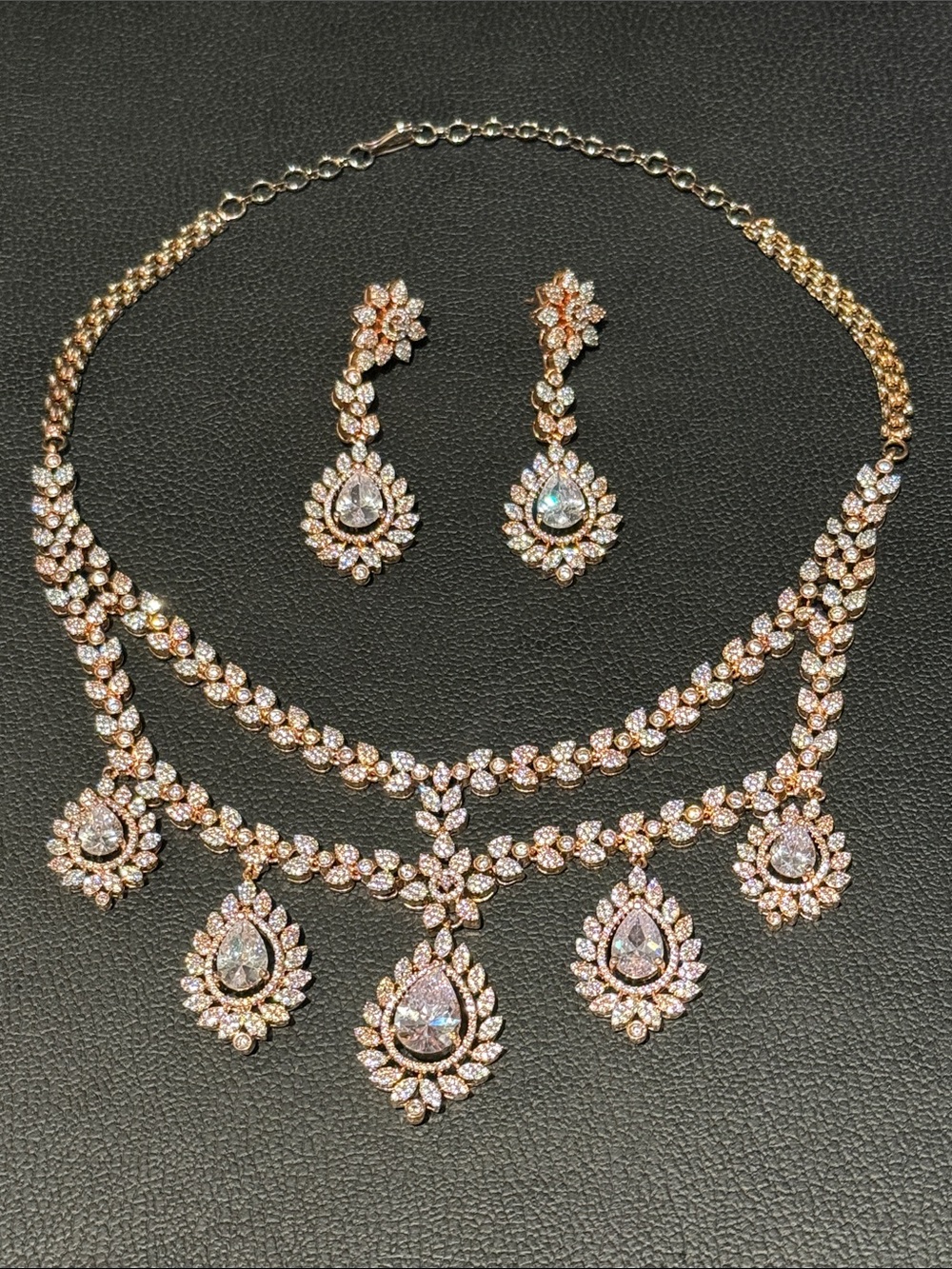 Rose Gold Teardrop Crystal Necklace & Earring Set - Elegant Women's Jewelry